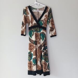 Purple Rain Dress Split V-Neck A-Line Paisley Brown Blue Made in USA Large